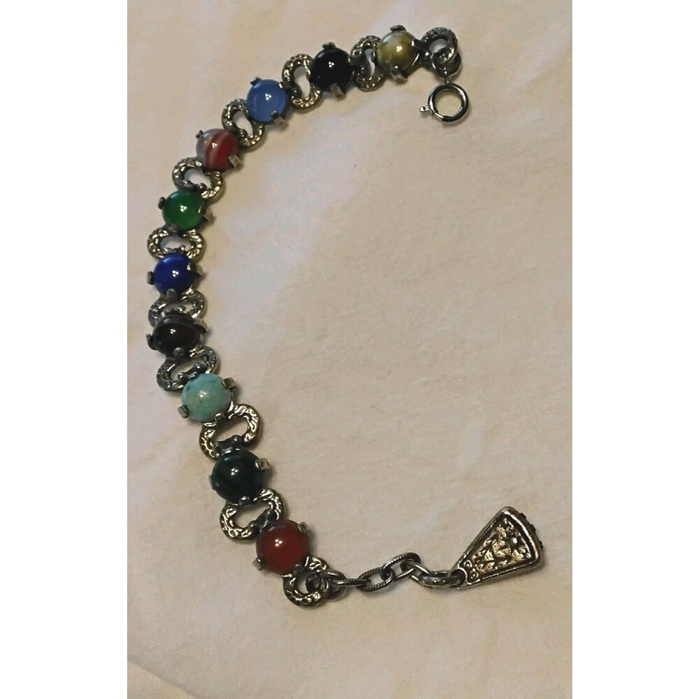 Vintage MIRACLE Scottish Celtic Style Agate Cabochon Silver Plate Bracelet 8"
